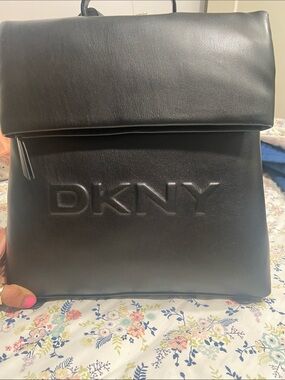 DKNY Black Embossed Logo Fold-Top Backpack